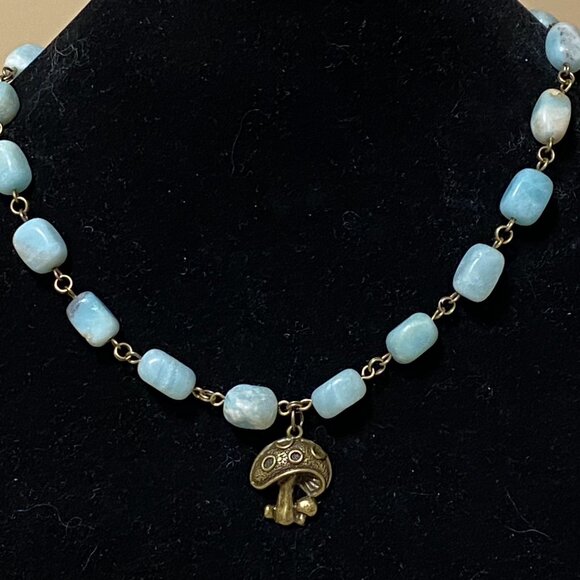 Natural Light Teal Amazonite Necklace, Bronze Round Mushroom + Genuine Gemstone - Picture 3 of 12